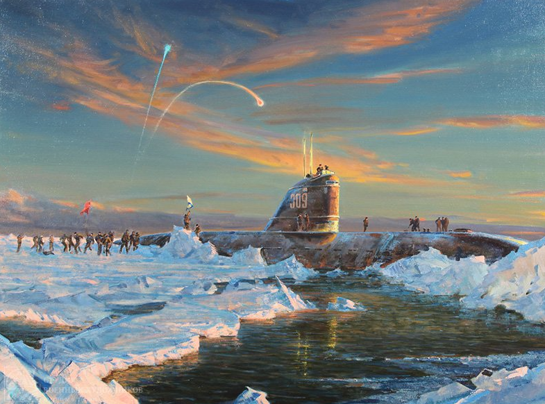 Высадка советских подводников на Северном полюсе. Холст, масло, 2010 год. 110Х150 см.