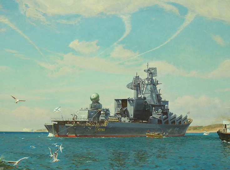 Флагманский корабль Москва на рейде Севастополя. 2008 год. Холст, масло. Корабль погиб в 2022.